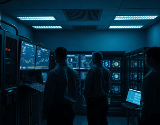 Law enforcement officers investigating cryptocurrency laundering evidence in a secure facility.
