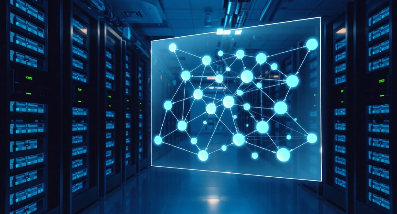 Holographic blockchain network display in a modern data center representing Cambrian's oracle infrastructure.