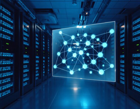 Holographic blockchain network display in a modern data center representing Cambrian's oracle infrastructure.