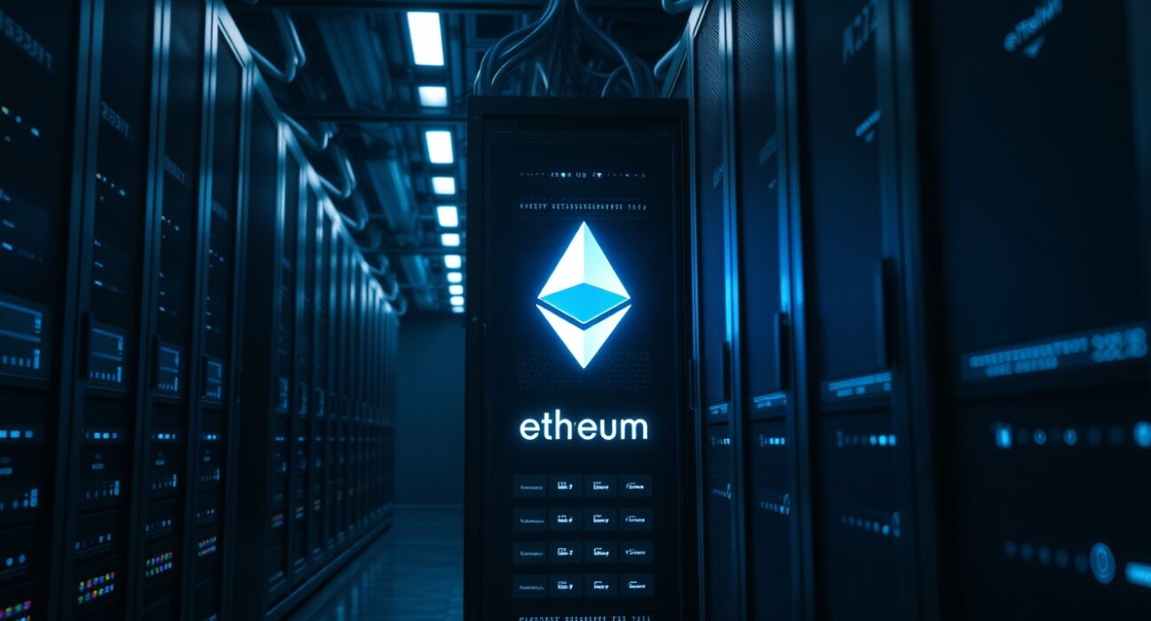 Server room with a rack displaying an Ethereum logo, representing node concentration.