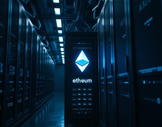 Server room with a rack displaying an Ethereum logo, representing node concentration.