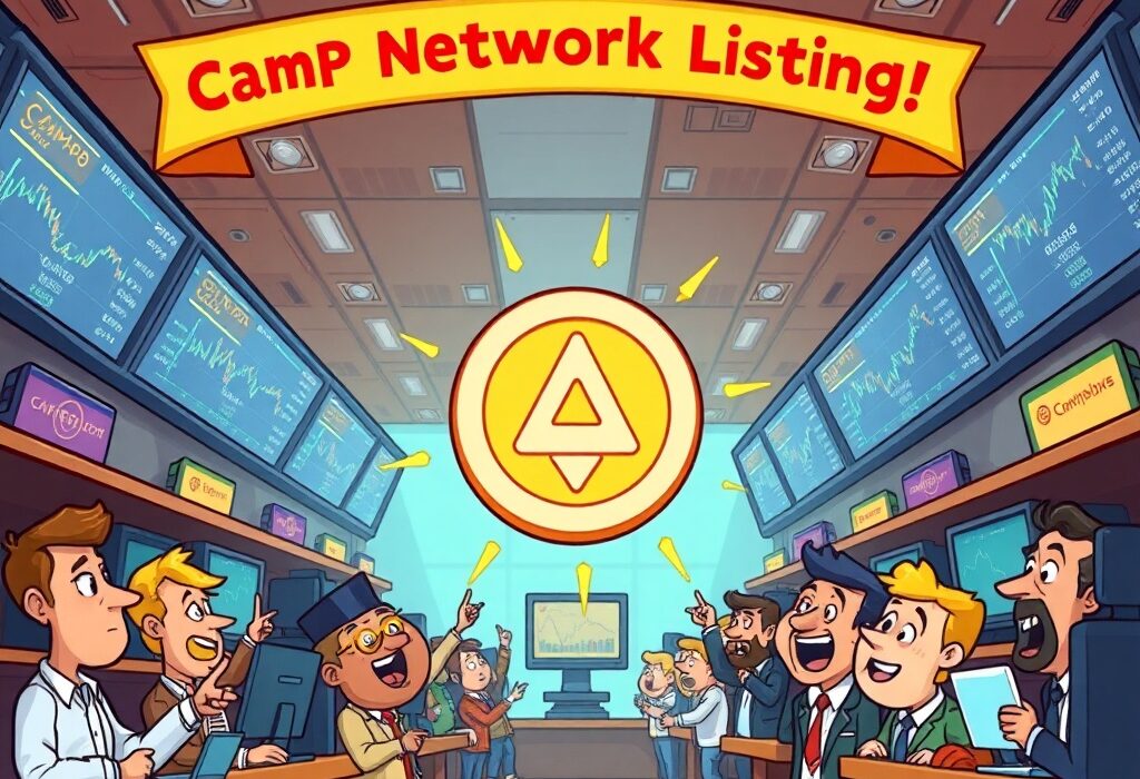 Cartoon showing enthusiastic traders celebrating the Camp Network listing on Bithumb, symbolizing new investment opportunities.