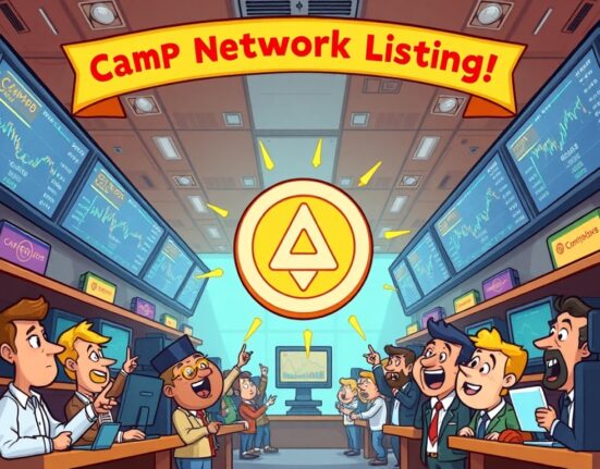 Cartoon showing enthusiastic traders celebrating the Camp Network listing on Bithumb, symbolizing new investment opportunities.