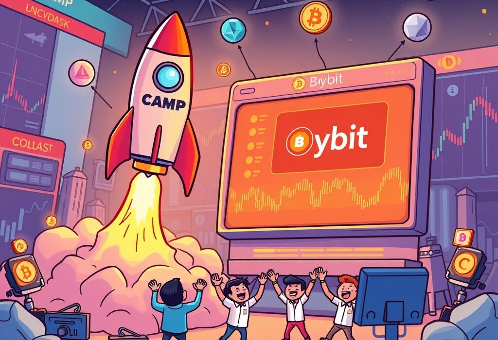 Cartoon showing a rocket (CAMP) launching from a Bybit platform, symbolizing the exciting Camp Network (CAMP) listing and new trading opportunities.
