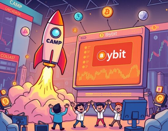 Cartoon showing a rocket (CAMP) launching from a Bybit platform, symbolizing the exciting Camp Network (CAMP) listing and new trading opportunities.