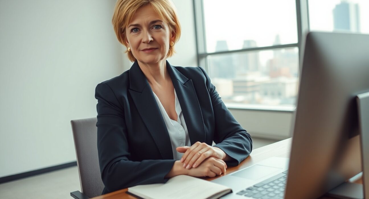 Campbell Brown, founder of Forum AI, in a modern office setting, looking directly at the camera with a serious expression.