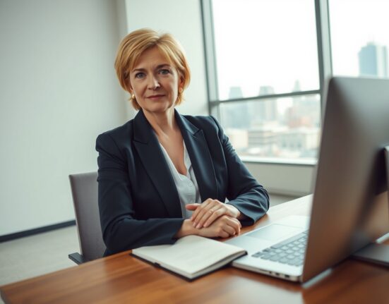 Campbell Brown, founder of Forum AI, in a modern office setting, looking directly at the camera with a serious expression.