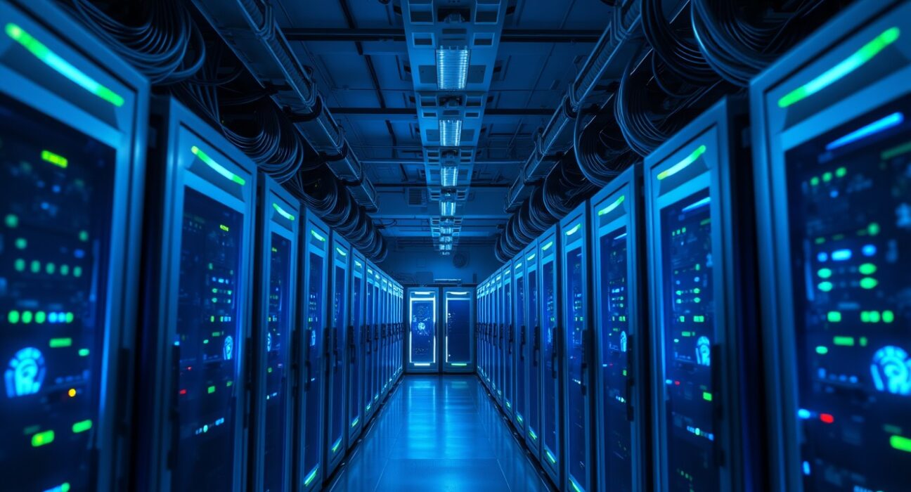 Interior of a data center with rows of cryptocurrency mining rigs emitting blue and green LED light.