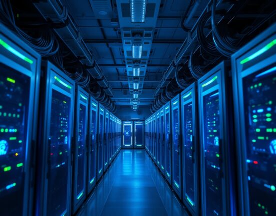 Interior of a data center with rows of cryptocurrency mining rigs emitting blue and green LED light.