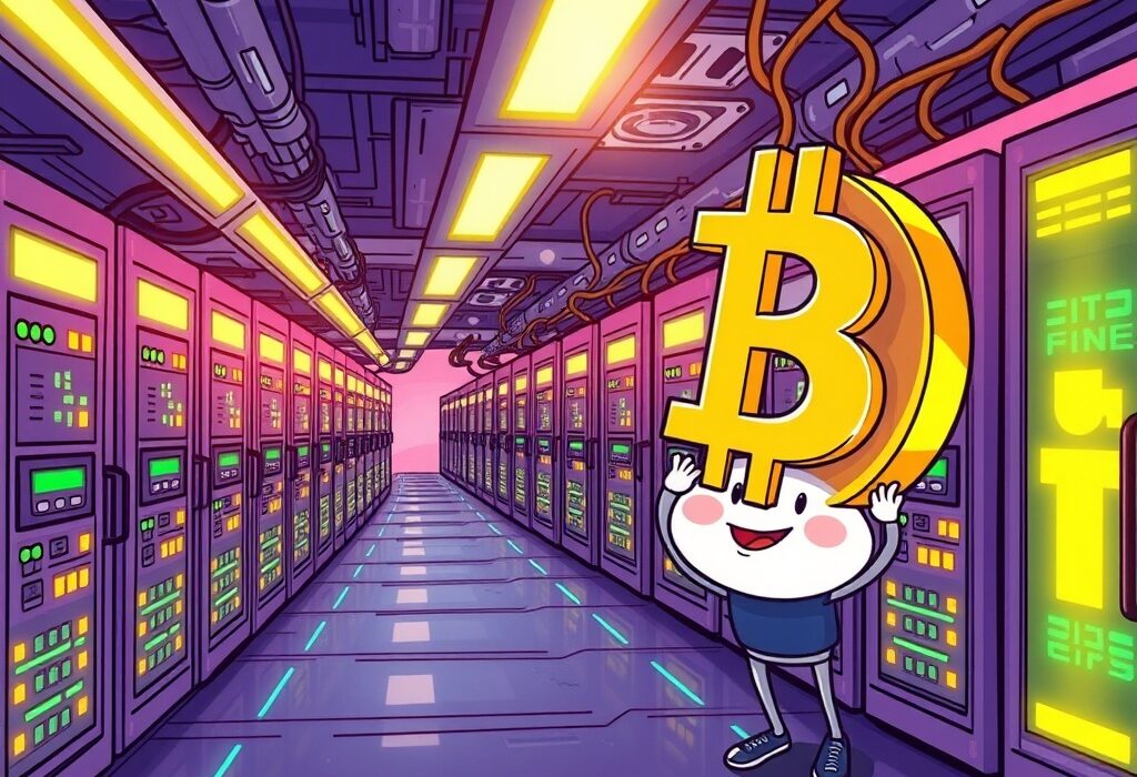 A cartoon illustration depicting Canaan's successful Bitcoin mining operations, showcasing significant BTC holdings and growth in the crypto mining industry.