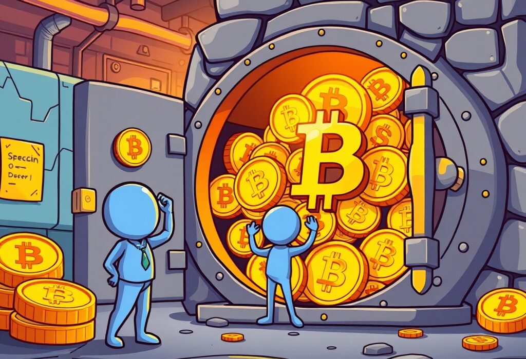 Cartoon illustration of a company securing a significant Bitcoin reserve asset in a vault, symbolizing a strategic long-term investment.