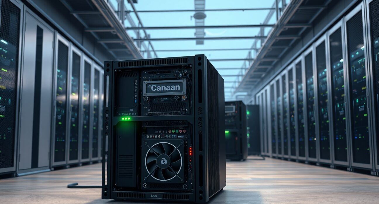 Canaan Bitcoin mining rig in a modern data center, representing the company's record cryptocurrency holdings.