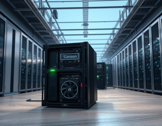 Canaan Bitcoin mining rig in a modern data center, representing the company's record cryptocurrency holdings.