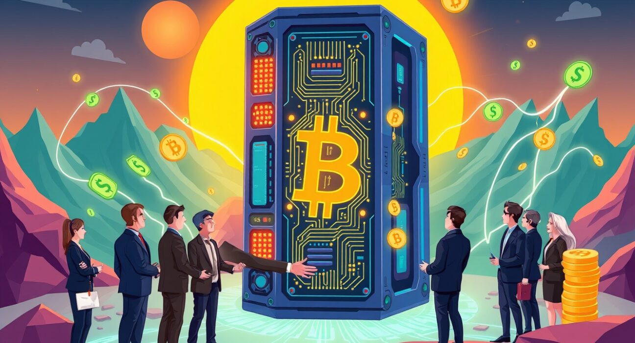 Cartoon illustration depicting a significant Canaan investment flowing into a modern Bitcoin mining facility, symbolizing growth and technological advancement.