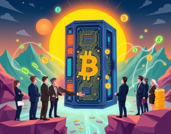 Cartoon illustration depicting a significant Canaan investment flowing into a modern Bitcoin mining facility, symbolizing growth and technological advancement.