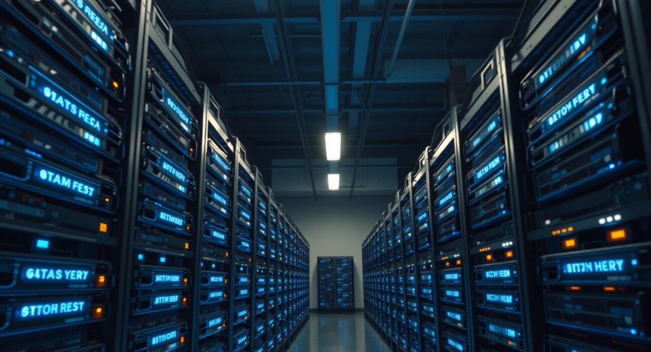 Interior view of a large Bitcoin mining facility with rows of ASIC miners.