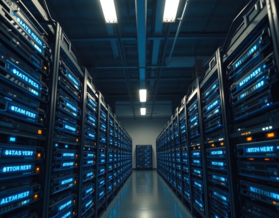 Interior view of a large Bitcoin mining facility with rows of ASIC miners.
