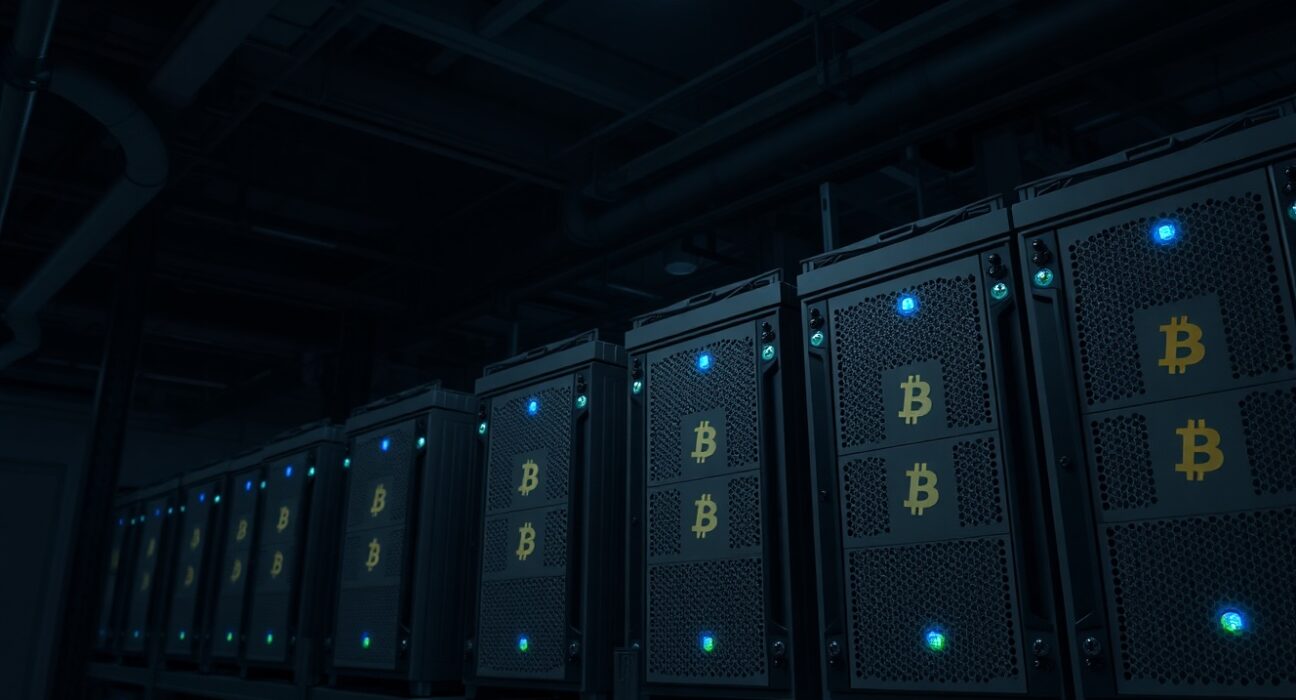 Bitcoin mining ASIC computers in a dim data center with blue LED lights
