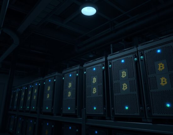 Bitcoin mining ASIC computers in a dim data center with blue LED lights
