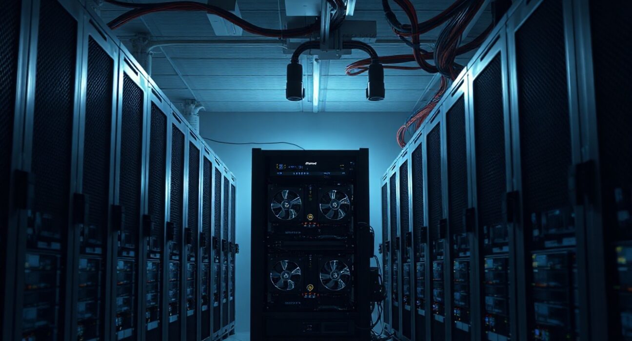 Bitcoin mining rigs in a data center, representing Canaan's operations and crypto holdings
