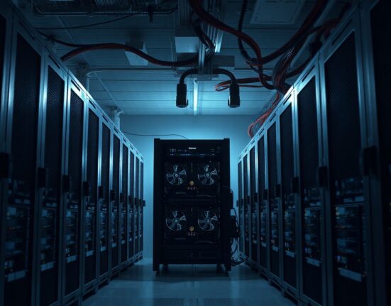 Bitcoin mining rigs in a data center, representing Canaan's operations and crypto holdings