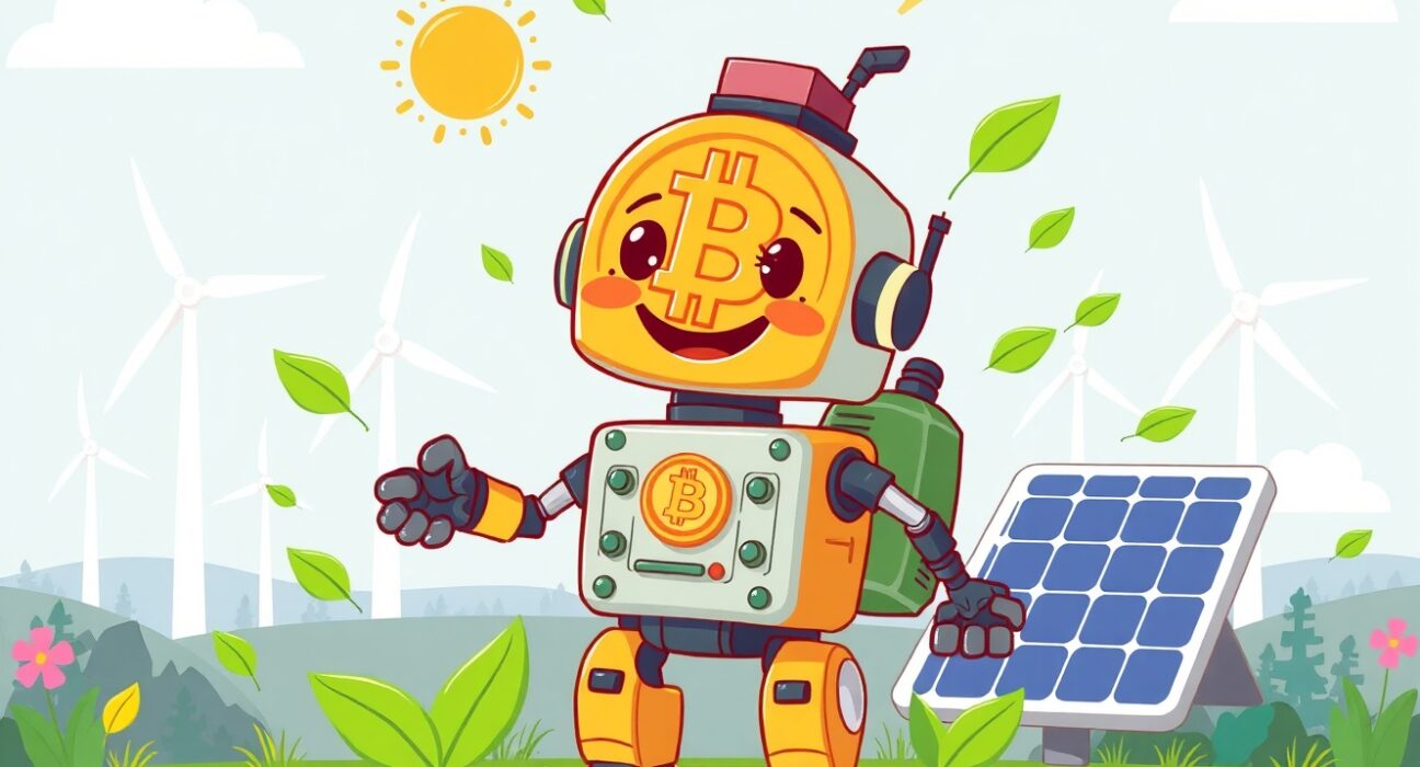 A friendly green Bitcoin miner robot harnessing renewable energy for sustainable cryptocurrency mining.