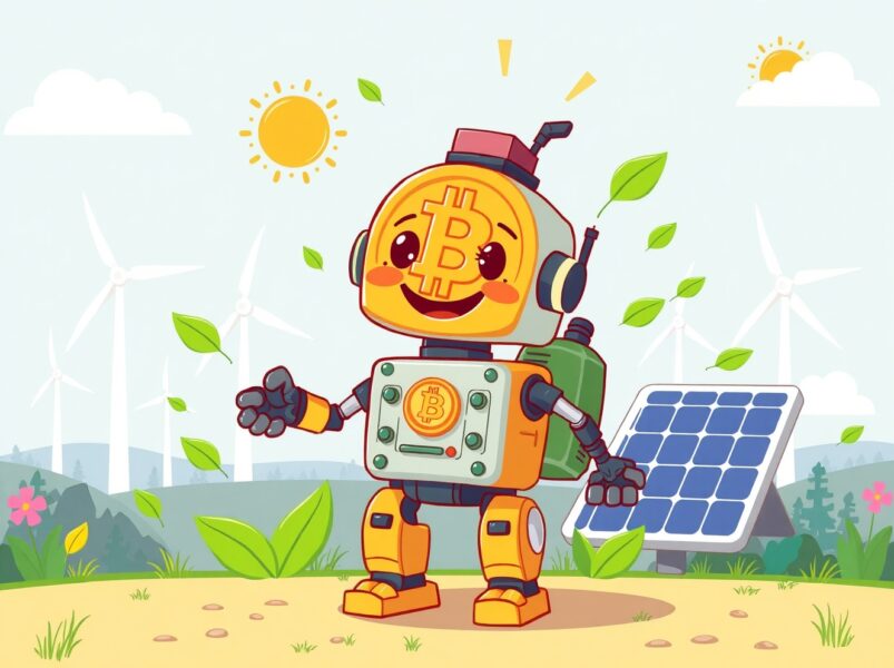 A friendly green Bitcoin miner robot harnessing renewable energy for sustainable cryptocurrency mining.