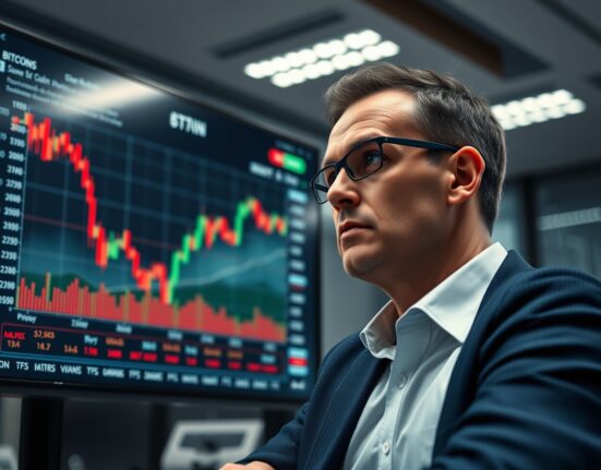 Financial analyst reviewing a declining Bitcoin price chart on a large screen in a modern office.