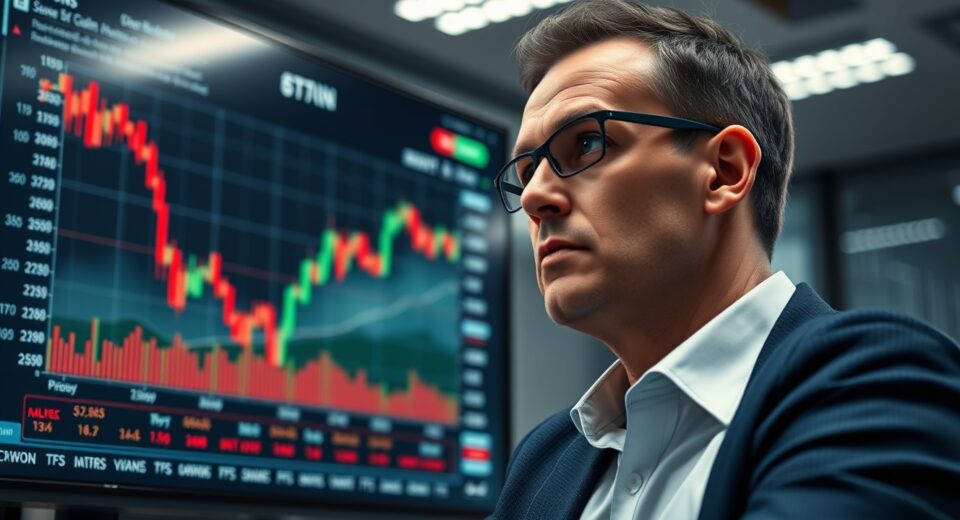 Financial analyst reviewing a declining Bitcoin price chart on a large screen in a modern office.