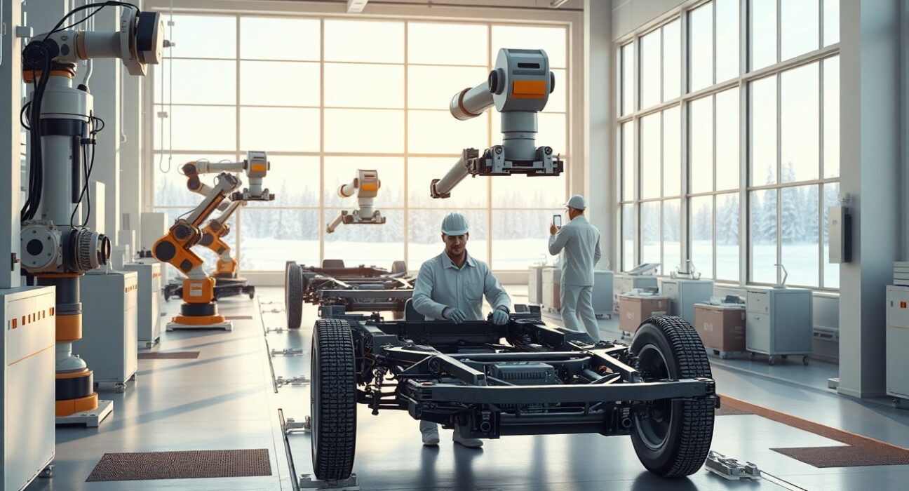 Canadian automotive manufacturing plant with robotic assembly line producing electric vehicles during industry transition period