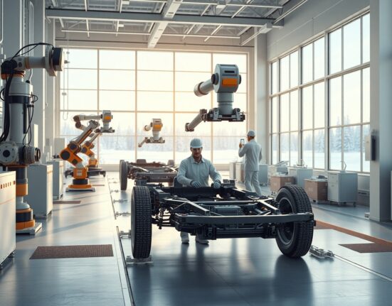 Canadian automotive manufacturing plant with robotic assembly line producing electric vehicles during industry transition period