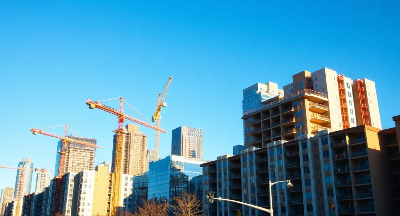 Construction cranes and buildings in a Canadian city skyline on a sunny day.