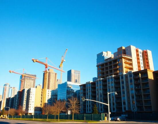 Construction cranes and buildings in a Canadian city skyline on a sunny day.