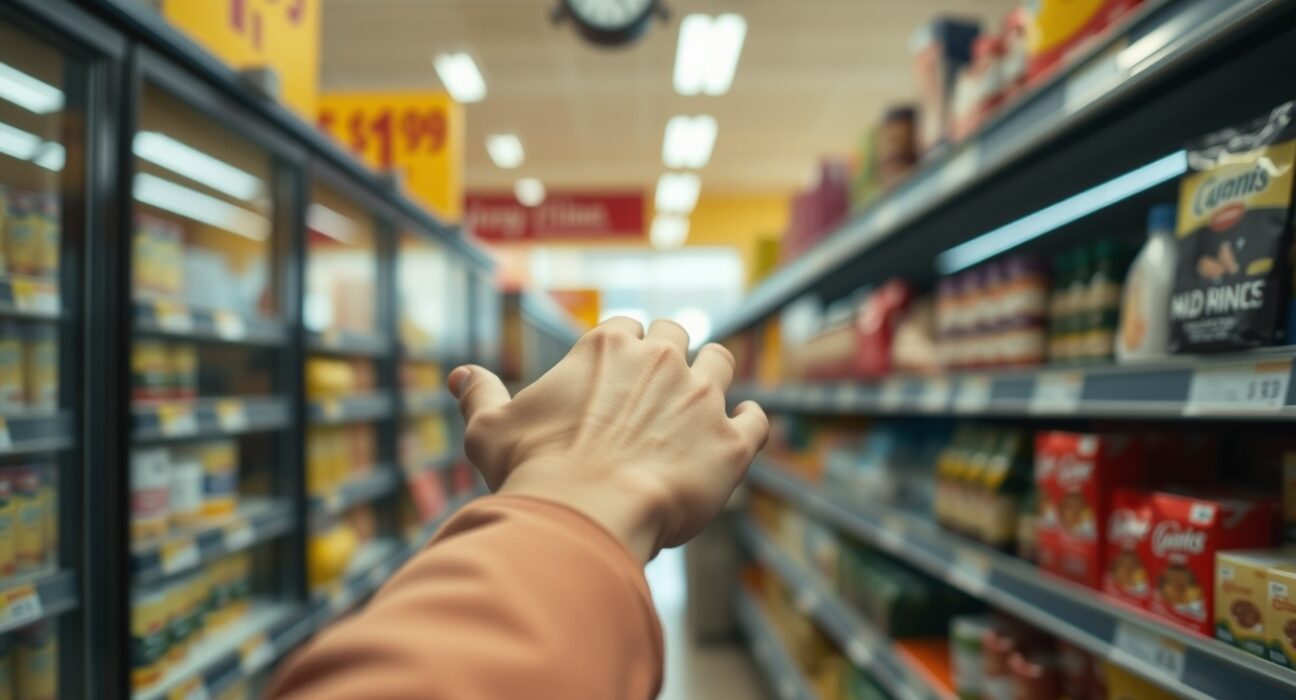 Canadian shopper looking at price tags in a grocery store, representing steady core CPI inflation.