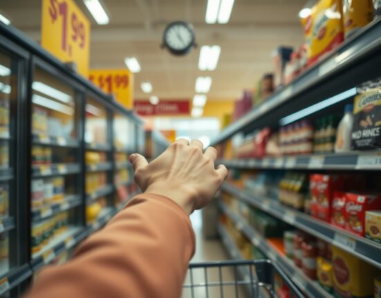 Canadian shopper looking at price tags in a grocery store, representing steady core CPI inflation.
