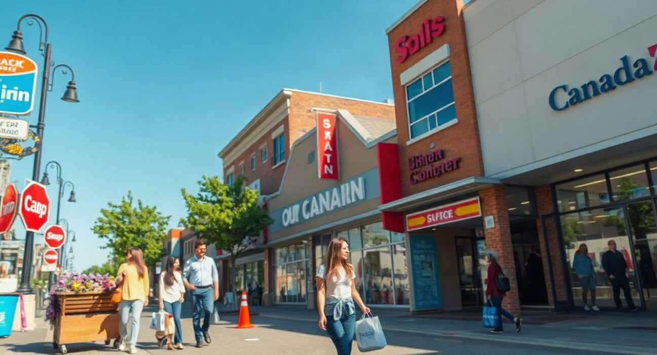 Shoppers on a sunny Canadian street with retail storefronts