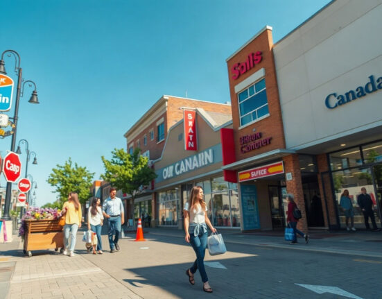 Shoppers on a sunny Canadian street with retail storefronts