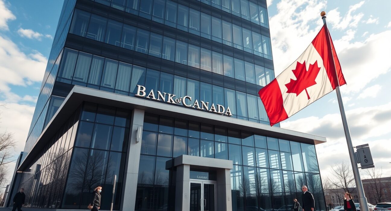 Bank of Canada building in Ottawa on a clear spring morning, with Canadian flag flying in front.