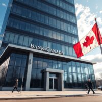Bank of Canada building in Ottawa on a clear spring morning, with Canadian flag flying in front.