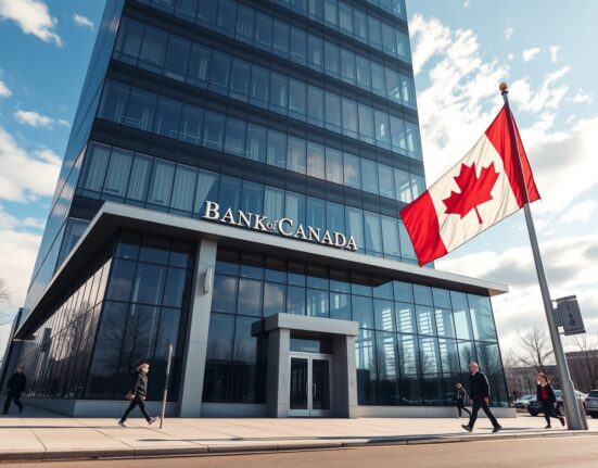 Bank of Canada building in Ottawa on a clear spring morning, with Canadian flag flying in front.