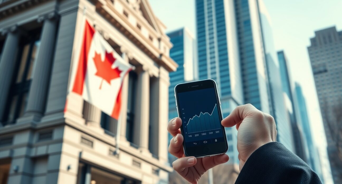 Professional viewing financial chart on smartphone in front of Canadian bank building, representing inflation data.