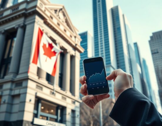 Professional viewing financial chart on smartphone in front of Canadian bank building, representing inflation data.
