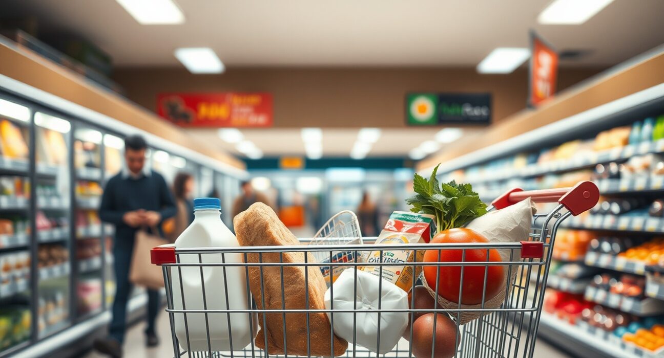 Shopping cart with groceries representing Canada's consumer price index and inflation data for February 2025.