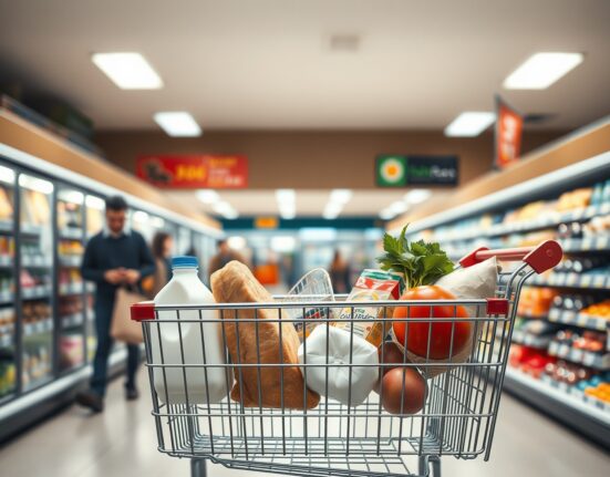 Shopping cart with groceries representing Canada's consumer price index and inflation data for February 2025.