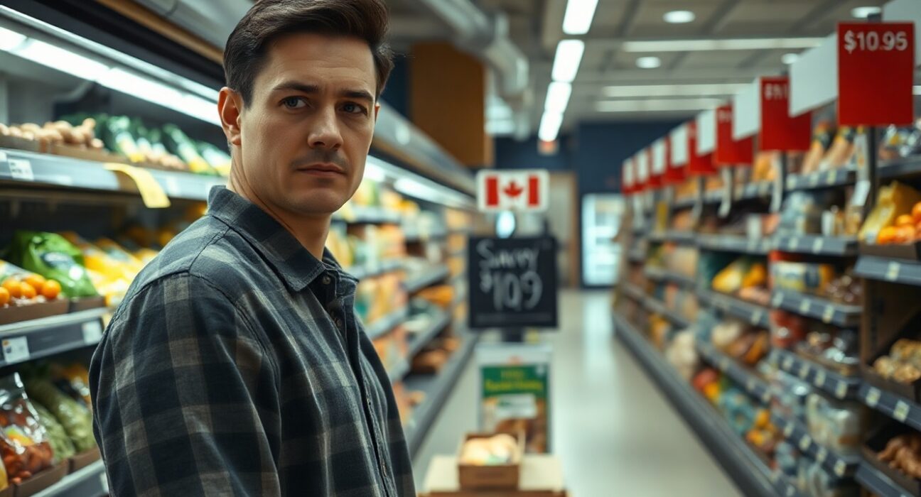 Canadian grocery shopper looking at rising price tag in supermarket, representing inflation concerns.