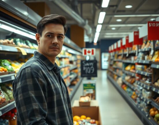 Canadian grocery shopper looking at rising price tag in supermarket, representing inflation concerns.