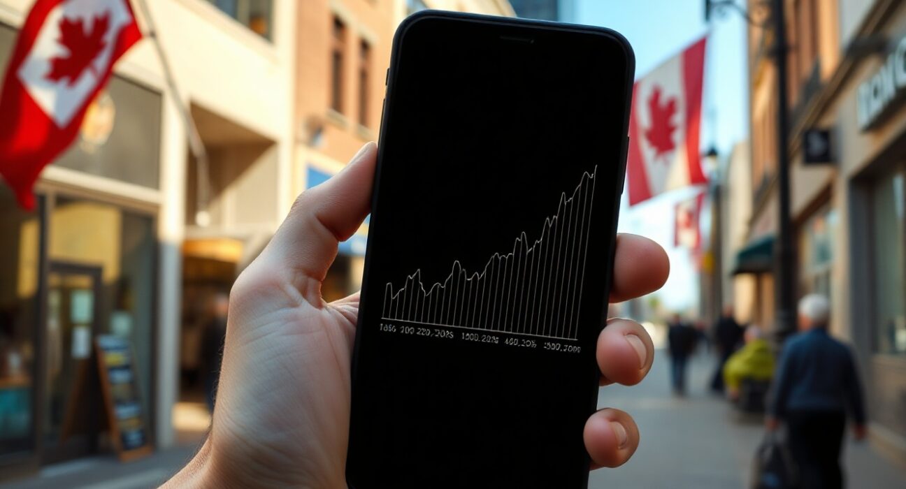 Person checking a smartphone showing rising inflation graph in a Canadian retail setting