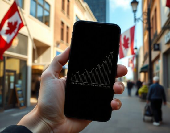 Person checking a smartphone showing rising inflation graph in a Canadian retail setting