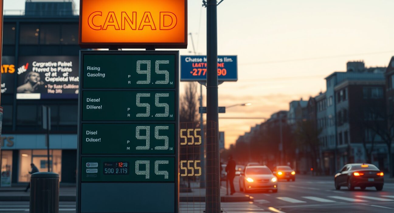 Rising fuel prices at a Canadian gas station reflecting increased energy costs impacting CPI inflation.