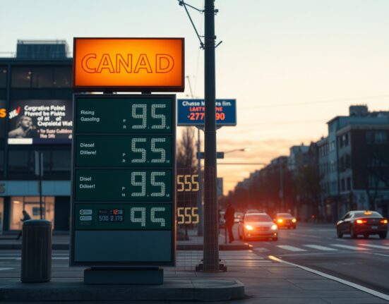 Rising fuel prices at a Canadian gas station reflecting increased energy costs impacting CPI inflation.